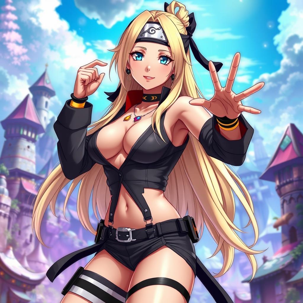 A stunning female anime character inspired by Tsunade from Naruto, featuring her in a stylish, revealing outfit that highlights her charisma and strength