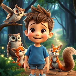 A cheerful boy named Max with short brown hair and a messy hairstyle, wearing a blue t-shirt, denim shorts, and sneakers, interacting with talking animals in a vibrant forest setting perfect for YouTube kids videos