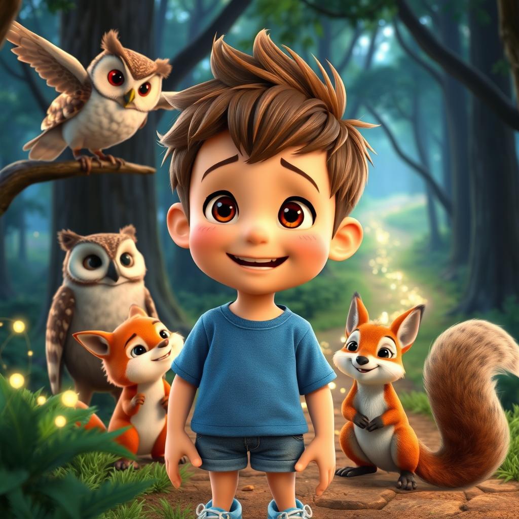 A cheerful boy named Max with short brown hair and a messy hairstyle, wearing a blue t-shirt, denim shorts, and sneakers, interacting with talking animals in a vibrant forest setting perfect for YouTube kids videos