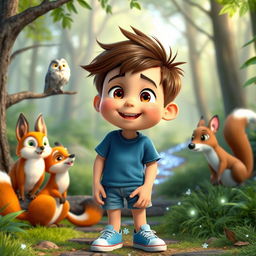 A cheerful boy named Max with short brown hair and a messy hairstyle, wearing a blue t-shirt, denim shorts, and sneakers, interacting with talking animals in a vibrant forest setting perfect for YouTube kids videos