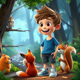 A cheerful boy named Max with short brown hair and a messy hairstyle, wearing a blue t-shirt, denim shorts, and sneakers, interacting with talking animals in a vibrant forest setting perfect for YouTube kids videos