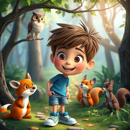 A cheerful boy named Max with short brown hair and a messy hairstyle, wearing a blue t-shirt, denim shorts, and sneakers, interacting with talking animals in a vibrant forest setting perfect for YouTube kids videos
