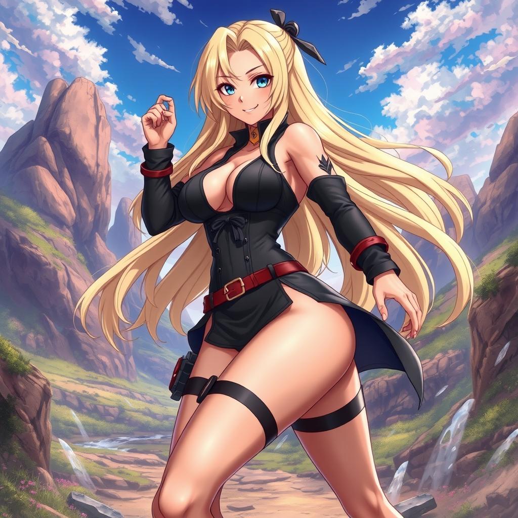 A captivating female anime character inspired by Tsunade from Naruto, depicted with prominent, muscular thighs and dressed in a revealing, stylish outfit that emphasizes her strength and allure