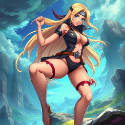 A captivating female anime character inspired by Tsunade from Naruto, depicted with prominent, muscular thighs and dressed in a revealing, stylish outfit that emphasizes her strength and allure
