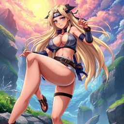 A captivating female anime character inspired by Tsunade from Naruto, depicted with prominent, muscular thighs and dressed in a revealing, stylish outfit that emphasizes her strength and allure