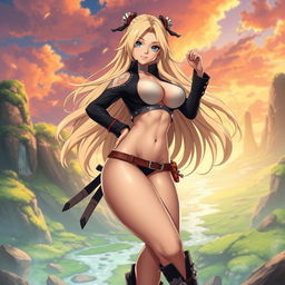 A captivating female anime character inspired by Tsunade from Naruto, depicted with prominent, muscular thighs and dressed in a revealing, stylish outfit that emphasizes her strength and allure