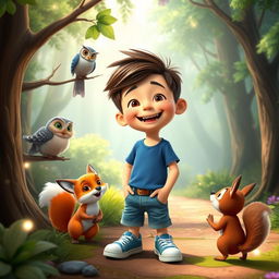 A cheerful boy named Max with short brown hair and a messy hairstyle, wearing a blue t-shirt, denim shorts, and sneakers, joyfully interacting with talking animals in a colorful forest setting designed for YouTube kids videos
