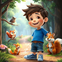 A cheerful boy named Max with short brown hair and a messy hairstyle, wearing a blue t-shirt, denim shorts, and sneakers, joyfully interacting with talking animals in a colorful forest setting designed for YouTube kids videos