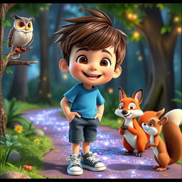 A cheerful boy named Max with short brown hair and a messy hairstyle, wearing a blue t-shirt, denim shorts, and sneakers, joyfully interacting with talking animals in a colorful forest setting designed for YouTube kids videos