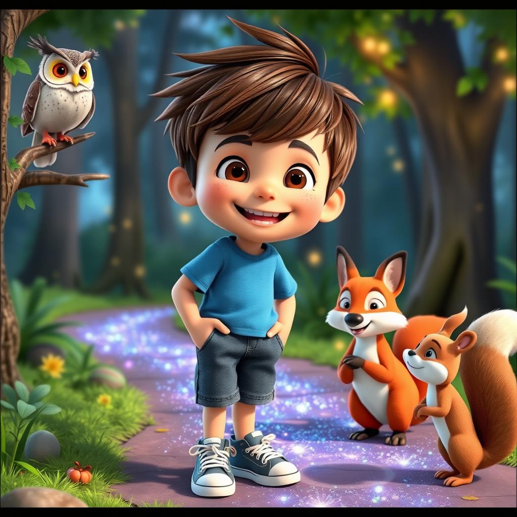A cheerful boy named Max with short brown hair and a messy hairstyle, wearing a blue t-shirt, denim shorts, and sneakers, joyfully interacting with talking animals in a colorful forest setting designed for YouTube kids videos