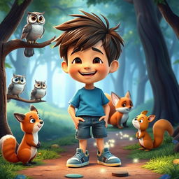 A cheerful boy named Max with short brown hair and a messy hairstyle, wearing a blue t-shirt, denim shorts, and sneakers, joyfully interacting with talking animals in a colorful forest setting designed for YouTube kids videos