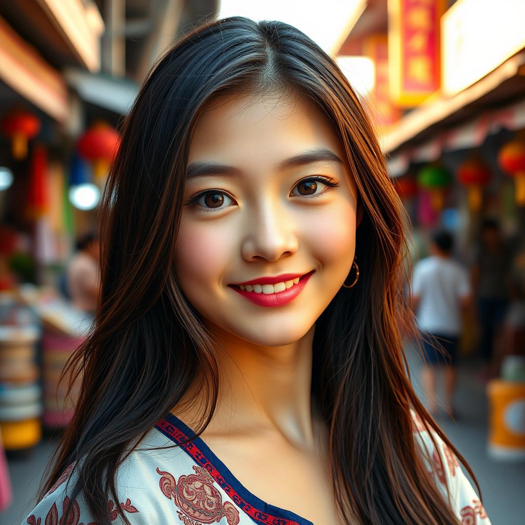 A stunning 19-year-old Thai girl with a slightly tanned complexion, large expressive eyes, resembling a popular K-pop idol