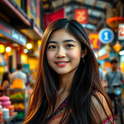 A stunning 19-year-old Thai girl with a slightly tanned complexion, large expressive eyes, resembling a popular K-pop idol