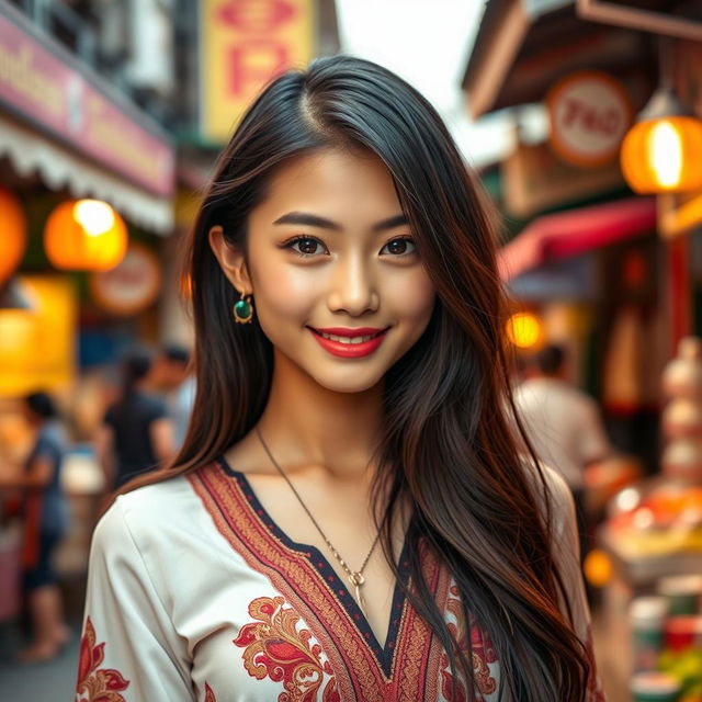 A stunning 19-year-old Thai girl with a slightly tanned complexion, large expressive eyes, resembling a popular K-pop idol