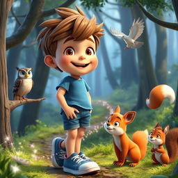 A cheerful boy named Max with short brown hair and a messy hairstyle, wearing a blue t-shirt, denim shorts, and sneakers, joyfully interacting with talking animals in a delightful forest setting tailored for YouTube kids videos