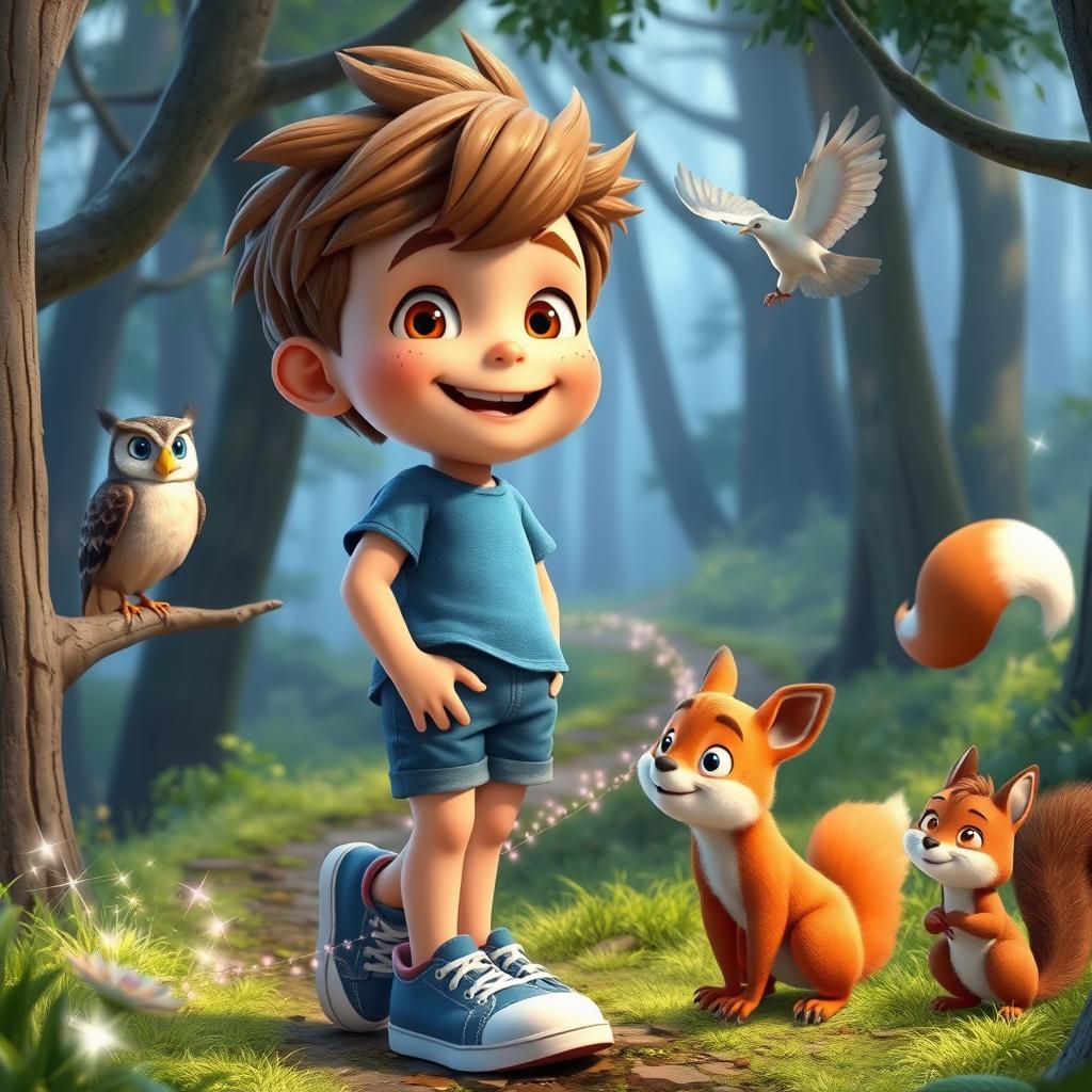A cheerful boy named Max with short brown hair and a messy hairstyle, wearing a blue t-shirt, denim shorts, and sneakers, joyfully interacting with talking animals in a delightful forest setting tailored for YouTube kids videos