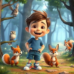 A cheerful boy named Max with short brown hair and a messy hairstyle, wearing a blue t-shirt, denim shorts, and sneakers, joyfully interacting with talking animals in a delightful forest setting tailored for YouTube kids videos