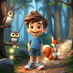 A cheerful boy named Max with short brown hair and a messy hairstyle, wearing a blue t-shirt, denim shorts, and sneakers, joyfully interacting with talking animals in a delightful forest setting tailored for YouTube kids videos