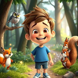 A cheerful boy named Max with short brown hair and a messy hairstyle, wearing a blue t-shirt, denim shorts, and sneakers, joyfully interacting with talking animals in a delightful forest setting tailored for YouTube kids videos