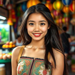 A beautiful 19-year-old Thai girl with a slightly tanned complexion, large captivating eyes reminiscent of a K-pop idol