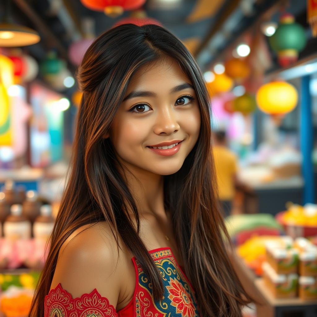 A beautiful 19-year-old Thai girl with a slightly tanned complexion, large captivating eyes reminiscent of a K-pop idol