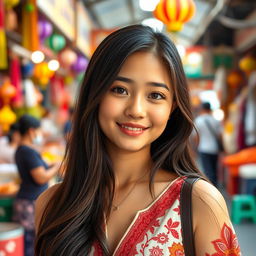 A beautiful 19-year-old Thai girl with a slightly tanned complexion, large captivating eyes reminiscent of a K-pop idol