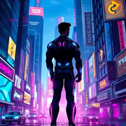 A superhero standing with his back to the camera, facing a vibrant cityscape filled with colorful neon lights and advertisements, all rendered in a cyberpunk style