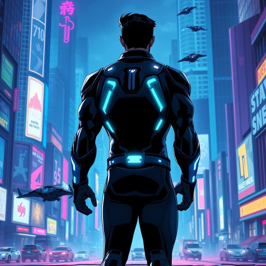 A superhero standing with his back to the camera, facing a vibrant cityscape filled with colorful neon lights and advertisements, all rendered in a cyberpunk style