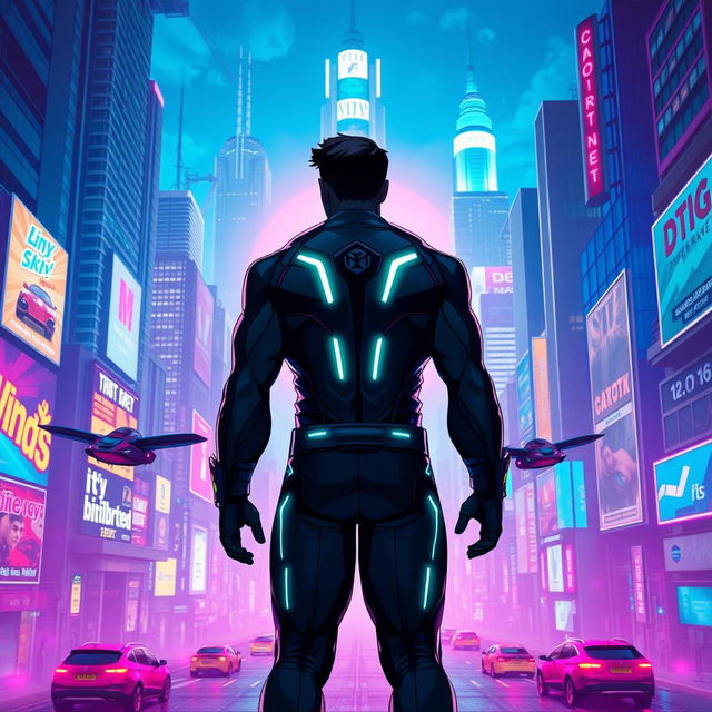 A superhero standing with his back to the camera, facing a vibrant cityscape filled with colorful neon lights and advertisements, all rendered in a cyberpunk style