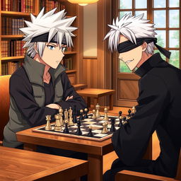 A detailed scene of two anime characters, Hatake Kakashi from Naruto and Gojo Satoru from Jujutsu Kaisen, engaged in an intense chess match