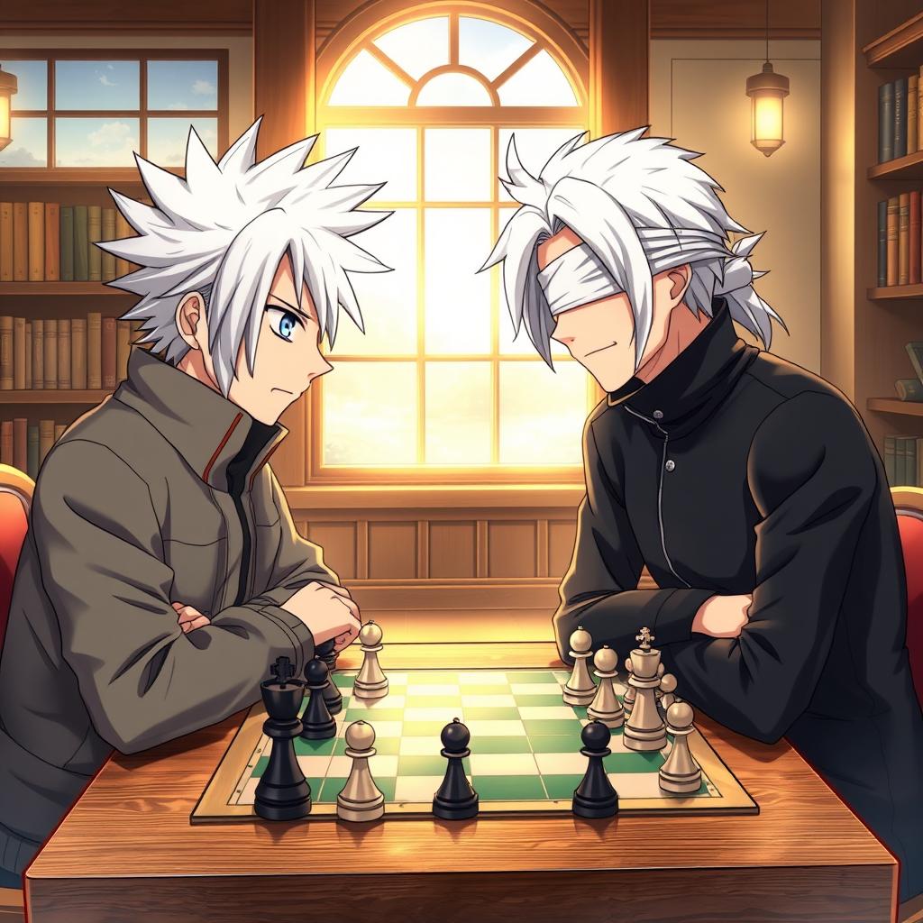 A detailed scene of two anime characters, Hatake Kakashi from Naruto and Gojo Satoru from Jujutsu Kaisen, engaged in an intense chess match
