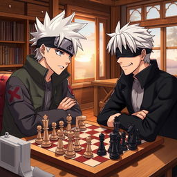 A detailed scene of two anime characters, Hatake Kakashi from Naruto and Gojo Satoru from Jujutsu Kaisen, engaged in an intense chess match