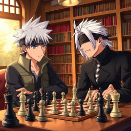 A detailed scene of two anime characters, Hatake Kakashi from Naruto and Gojo Satoru from Jujutsu Kaisen, engaged in an intense chess match