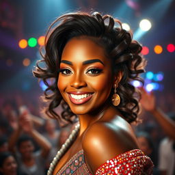 A stunning, glamorous portrait of a dark-skinned female idol exuding elegance and confidence