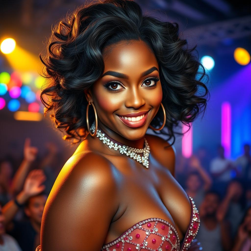 A stunning, glamorous portrait of a dark-skinned female idol exuding elegance and confidence