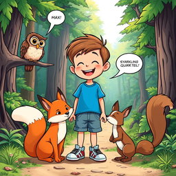 Max, a boy with short brown hair and a cheerful expression, wearing a blue t-shirt, denim shorts, and sneakers, interacts joyfully with three talking animals: a wise owl perched on a branch, a playful fox with a fluffy tail, and a curious squirrel with a bushy tail, all gathered near a sparkling forest trail