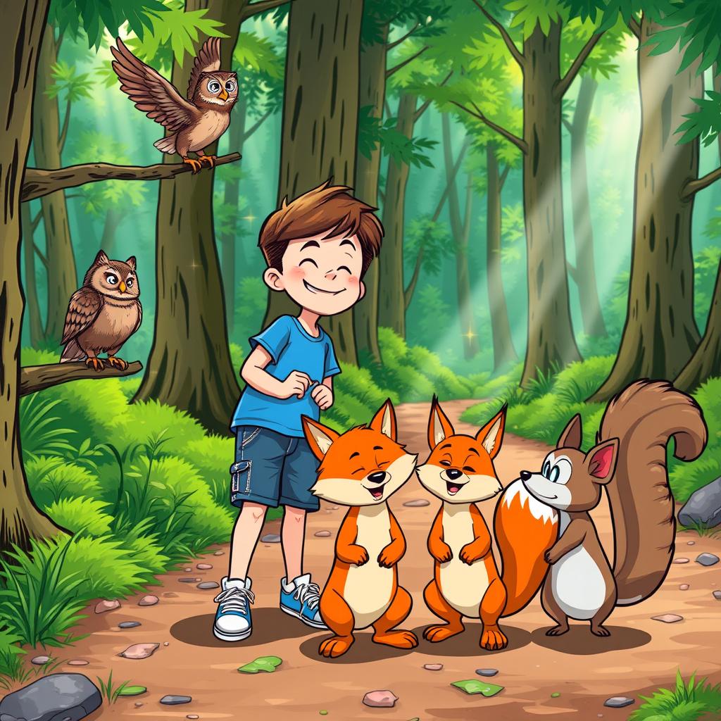 Max, a boy with short brown hair and a cheerful expression, wearing a blue t-shirt, denim shorts, and sneakers, interacts joyfully with three talking animals: a wise owl perched on a branch, a playful fox with a fluffy tail, and a curious squirrel with a bushy tail, all gathered near a sparkling forest trail