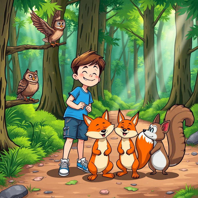 Max, a boy with short brown hair and a cheerful expression, wearing a blue t-shirt, denim shorts, and sneakers, interacts joyfully with three talking animals: a wise owl perched on a branch, a playful fox with a fluffy tail, and a curious squirrel with a bushy tail, all gathered near a sparkling forest trail