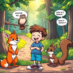 Max, a boy with short brown hair and a cheerful expression, wearing a blue t-shirt, denim shorts, and sneakers, interacts joyfully with three talking animals: a wise owl perched on a branch, a playful fox with a fluffy tail, and a curious squirrel with a bushy tail, all gathered near a sparkling forest trail