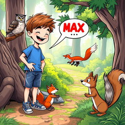 Max, a boy with short brown hair and a cheerful expression, wearing a blue t-shirt, denim shorts, and sneakers, interacts joyfully with three talking animals: a wise owl perched on a branch, a playful fox with a fluffy tail, and a curious squirrel with a bushy tail, all gathered near a sparkling forest trail