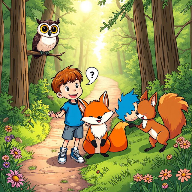 Max, a boy with short brown hair and a cheerful expression, wearing a blue t-shirt, denim shorts, and sneakers, interacts playfully with three talking animals: a wise owl perched on a branch with large, expressive eyes, a playful fox with a bright orange coat, and a curious squirrel with a bushy tail