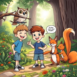 Max, a boy with short brown hair and a cheerful expression, wearing a blue t-shirt, denim shorts, and sneakers, interacts playfully with three talking animals: a wise owl perched on a branch with large, expressive eyes, a playful fox with a bright orange coat, and a curious squirrel with a bushy tail