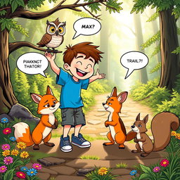 Max, a boy with short brown hair and a cheerful expression, wearing a blue t-shirt, denim shorts, and sneakers, interacts playfully with three talking animals: a wise owl perched on a branch with large, expressive eyes, a playful fox with a bright orange coat, and a curious squirrel with a bushy tail