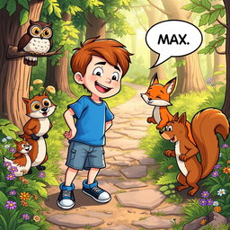 Max, a boy with short brown hair and a cheerful expression, wearing a blue t-shirt, denim shorts, and sneakers, interacts playfully with three talking animals: a wise owl perched on a branch with large, expressive eyes, a playful fox with a bright orange coat, and a curious squirrel with a bushy tail