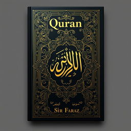 A full-size straight book cover design for the title "Quran" by Sir Faraz, featuring intricate Islamic patterns and motifs that reflect the beauty of Arabic calligraphy