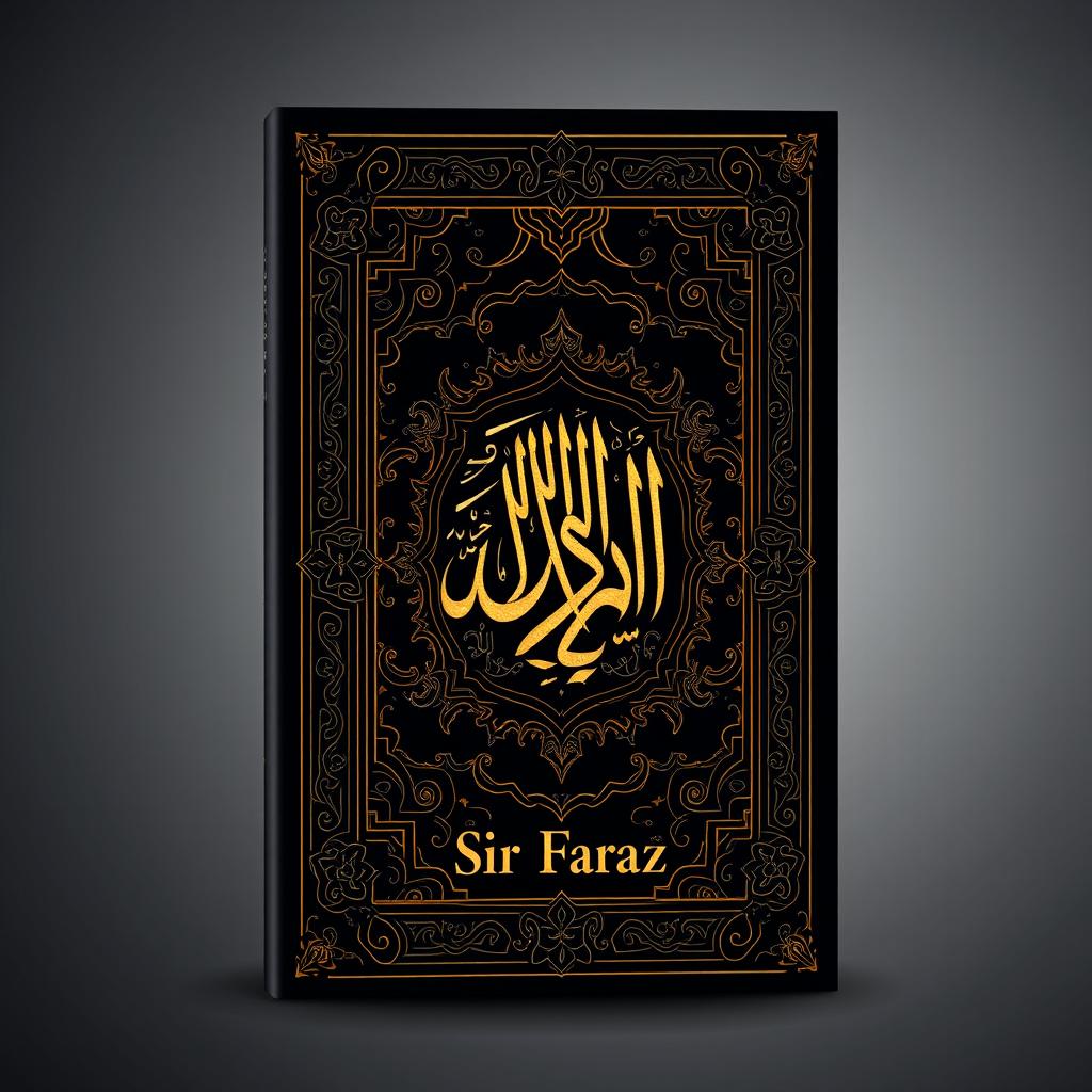 A full-size straight book cover design for the title "Quran" by Sir Faraz, featuring intricate Islamic patterns and motifs that reflect the beauty of Arabic calligraphy