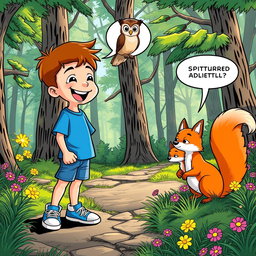 Max, a boy with short brown hair and a cheerful expression, dressed in a blue t-shirt, denim shorts, and sneakers, joyfully interacts with three talking animals: one wise owl perched on a branch with keen eyes, one playful fox with vibrant orange fur, and one curious squirrel with a bushy tail