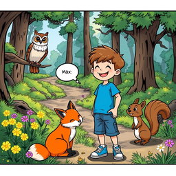 Max, a boy with short brown hair and a cheerful expression, dressed in a blue t-shirt, denim shorts, and sneakers, joyfully interacts with three talking animals: one wise owl perched on a branch with keen eyes, one playful fox with vibrant orange fur, and one curious squirrel with a bushy tail