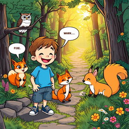 Max, a boy with short brown hair and a cheerful expression, dressed in a blue t-shirt, denim shorts, and sneakers, joyfully interacts with three talking animals: one wise owl perched on a branch with keen eyes, one playful fox with vibrant orange fur, and one curious squirrel with a bushy tail