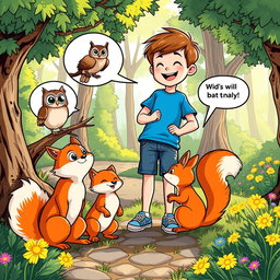 Max, a boy with short brown hair and a cheerful expression, dressed in a blue t-shirt, denim shorts, and sneakers, joyfully interacts with three talking animals: one wise owl perched on a branch with keen eyes, one playful fox with vibrant orange fur, and one curious squirrel with a bushy tail